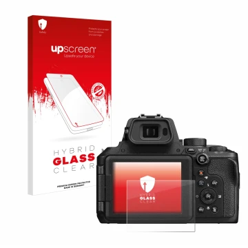 Parte frontal de un envase de producto con el logotipo de la marca upscreen. Al lado se muestra el dispositivo Nikon Coolpix P