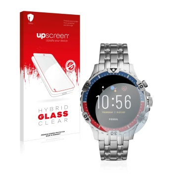Parte frontal de un envase de producto con el logotipo de la marca upscreen. Al lado se muestra el dispositivo Fossil Garrett 