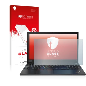 Parte frontal de un envase de producto con el logotipo de la marca upscreen. Al lado se muestra el dispositivo Lenovo ThinkPad
