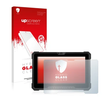 Parte frontal de un envase de producto con el logotipo de la marca upscreen. Al lado se muestra el dispositivo Dell Latitude 7