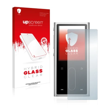 Parte frontal de un envase de producto con el logotipo de la marca upscreen. Al lado se muestra el dispositivo FiiO M3K con su