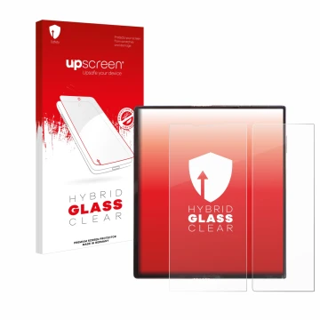 Parte frontal de un envase de producto con el logotipo de la marca upscreen. Al lado se muestra el dispositivo Huawei Mate Xs 