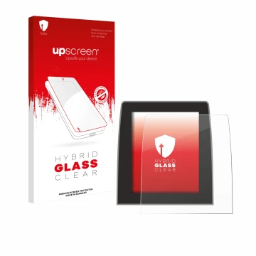 Parte frontal de un envase de producto con el logotipo de la marca upscreen. Al lado se muestra el dispositivo Renault Clio 5 