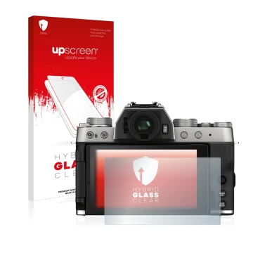 Parte frontal de un envase de producto con el logotipo de la marca upscreen. Al lado se muestra el dispositivo Fujifilm X-T200