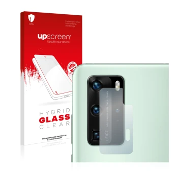 Parte frontal de un envase de producto con el logotipo de la marca upscreen. Al lado se muestra el dispositivo Huawei P40 Pro 