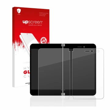 Parte frontal de un envase de producto con el logotipo de la marca upscreen. Al lado se muestra el dispositivo Microsoft Surfa