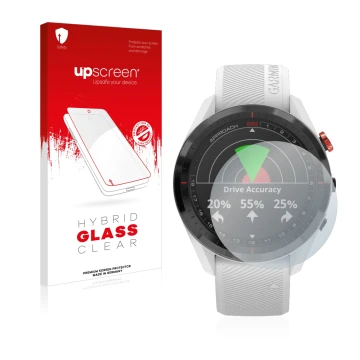 Parte frontal de un envase de producto con el logotipo de la marca upscreen. Al lado se muestra el dispositivo Garmin Approach