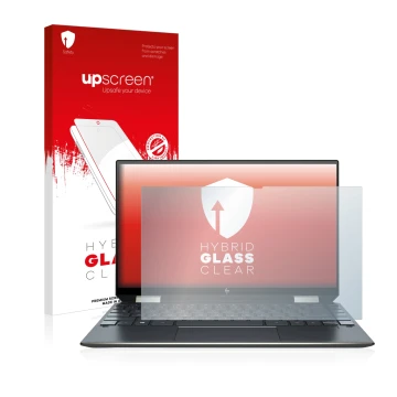 Parte frontal de un envase de producto con el logotipo de la marca upscreen. Al lado se muestra el dispositivo HP Spectre x360