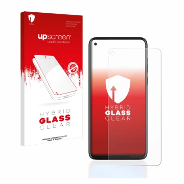 Parte frontal de un envase de producto con el logotipo de la marca upscreen. Al lado se muestra el dispositivo Motorola Moto G