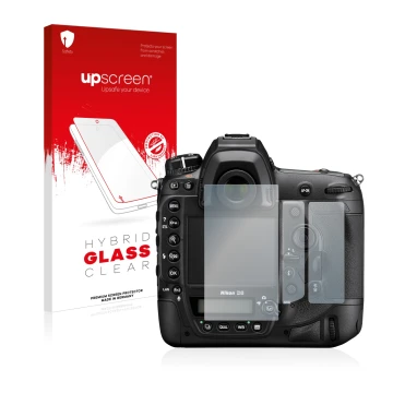 Parte frontal de un envase de producto con el logotipo de la marca upscreen. Al lado se muestra el dispositivo Nikon D6 con su