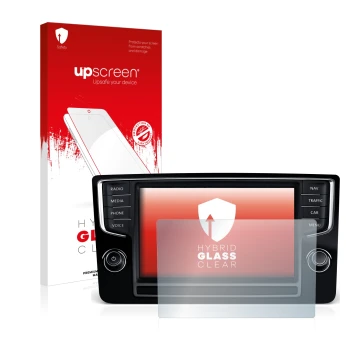 Parte frontal de un envase de producto con el logotipo de la marca upscreen. Al lado se muestra el dispositivo Volkswagen Golf