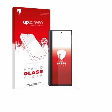 Parte frontal de un envase de producto con el logotipo de la marca upscreen. Al lado se muestra el dispositivo Samsung Galaxy 