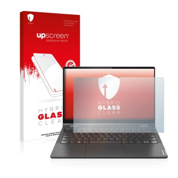 Parte frontal de un envase de producto con el logotipo de la marca upscreen. Al lado se muestra el dispositivo Lenovo Yoga C64