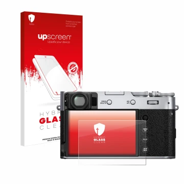 Parte frontal de un envase de producto con el logotipo de la marca upscreen. Al lado se muestra el dispositivo Fujifilm X100V 