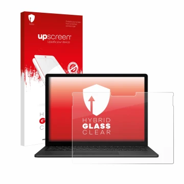 Parte frontal de un envase de producto con el logotipo de la marca upscreen. Al lado se muestra el dispositivo Microsoft Surfa