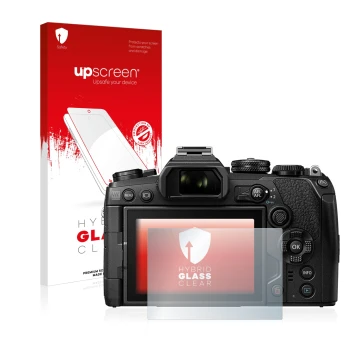 Parte frontal de un envase de producto con el logotipo de la marca upscreen. Al lado se muestra el dispositivo Olympus OM-D E-