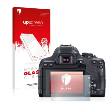 Parte frontal de un envase de producto con el logotipo de la marca upscreen. Al lado se muestra el dispositivo Canon EOS 850D 