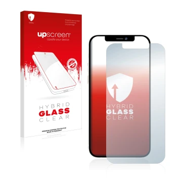 Parte frontal de un envase de producto con el logotipo de la marca upscreen. Al lado se muestra el dispositivo Apple iPhone 12