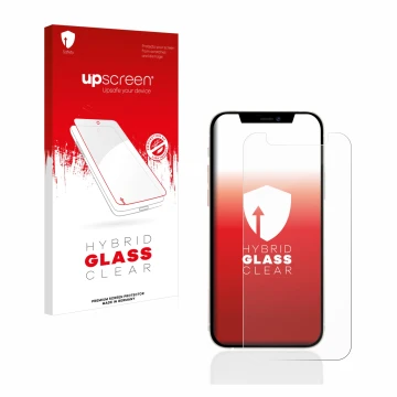 Parte frontal de un envase de producto con el logotipo de la marca upscreen. Al lado se muestra el dispositivo Apple iPhone 12