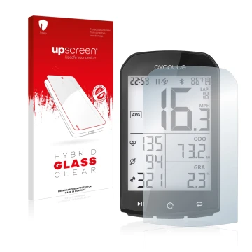 Parte frontal de un envase de producto con el logotipo de la marca upscreen. Al lado se muestra el dispositivo Cycplus M1 2.9