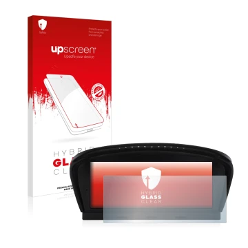 Parte frontal de un envase de producto con el logotipo de la marca upscreen. Al lado se muestra el dispositivo BMW 5 E60 2003-