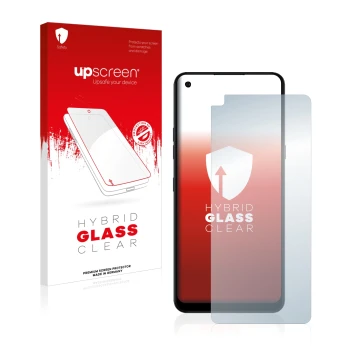 Parte frontal de un envase de producto con el logotipo de la marca upscreen. Al lado se muestra el dispositivo LG K51S con su 