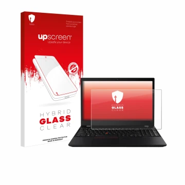 Parte frontal de un envase de producto con el logotipo de la marca upscreen. Al lado se muestra el dispositivo Lenovo ThinkPad