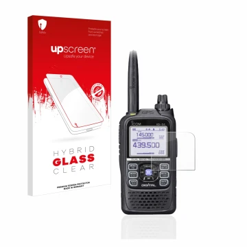 Parte frontal de un envase de producto con el logotipo de la marca upscreen. Al lado se muestra el dispositivo Icom ID-51E Plu