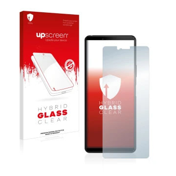 Parte frontal de un envase de producto con el logotipo de la marca upscreen. Al lado se muestra el dispositivo Sony Xperia 10 