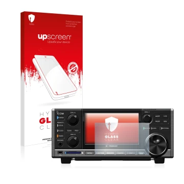 Parte frontal de un envase de producto con el logotipo de la marca upscreen. Al lado se muestra el dispositivo Icom IC-R8600 c