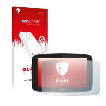Parte frontal de un envase de producto con el logotipo de la marca upscreen. Al lado se muestra el dispositivo TomTom Go Profe