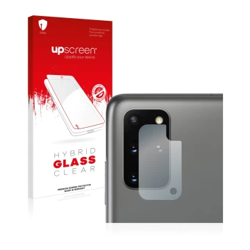 Parte frontal de un envase de producto con el logotipo de la marca upscreen. Al lado se muestra el dispositivo Samsung Galaxy 
