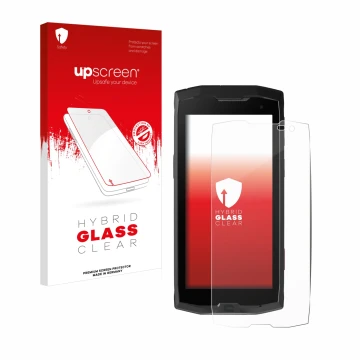 Parte frontal de un envase de producto con el logotipo de la marca upscreen. Al lado se muestra el dispositivo Crosscall Core 