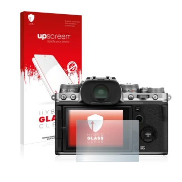 Parte frontal de un envase de producto con el logotipo de la marca upscreen. Al lado se muestra el dispositivo Fujifilm X-T4 c