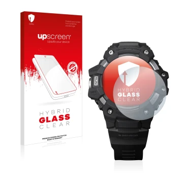 Parte frontal de un envase de producto con el logotipo de la marca upscreen. Al lado se muestra el dispositivo Casio G-Shock G