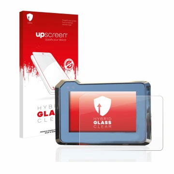 Parte frontal de un envase de producto con el logotipo de la marca upscreen. Al lado se muestra el dispositivo KTM 1290 Super 