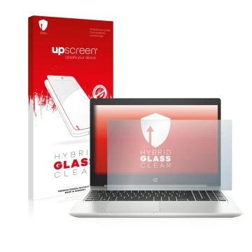 Parte frontal de un envase de producto con el logotipo de la marca upscreen. Al lado se muestra el dispositivo HP ProBook 450 