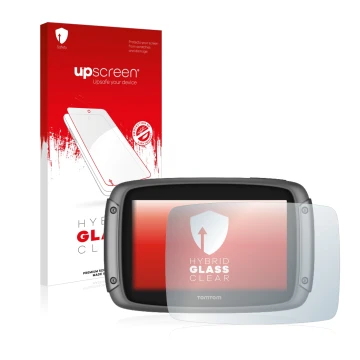 Parte frontal de un envase de producto con el logotipo de la marca upscreen. Al lado se muestra el dispositivo TomTom Rider 50