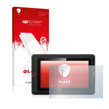 Parte frontal de un envase de producto con el logotipo de la marca upscreen. Al lado se muestra el dispositivo XP-Pen Artist 1