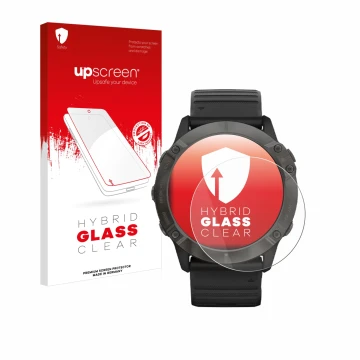 Parte frontal de un envase de producto con el logotipo de la marca upscreen. Al lado se muestra el dispositivo Garmin Fenix 6X