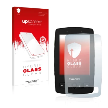 Parte frontal de un envase de producto con el logotipo de la marca upscreen. Al lado se muestra el dispositivo TwoNav Aventura