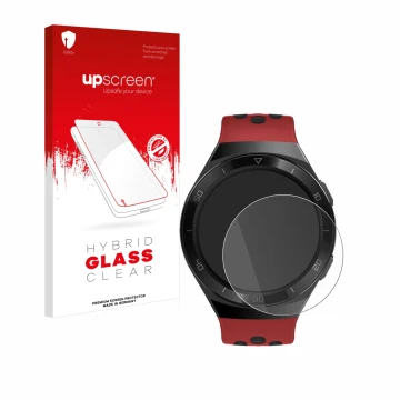 Parte frontal de un envase de producto con el logotipo de la marca upscreen. Al lado se muestra el dispositivo Huawei Watch GT