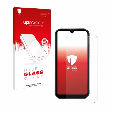 Parte frontal de un envase de producto con el logotipo de la marca upscreen. Al lado se muestra el dispositivo Blackview BV990