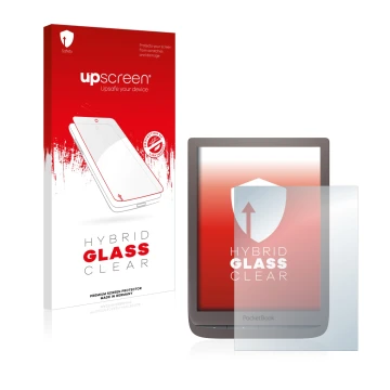 Parte frontal de un envase de producto con el logotipo de la marca upscreen. Al lado se muestra el dispositivo PocketBook InkP