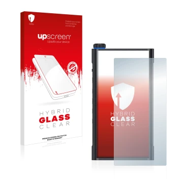 Parte frontal de un envase de producto con el logotipo de la marca upscreen. Al lado se muestra el dispositivo FiiO M15 con su