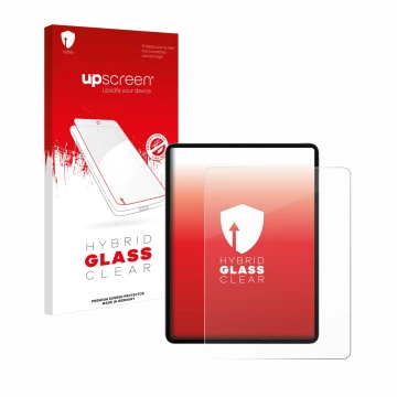 Parte frontal de un envase de producto con el logotipo de la marca upscreen. Al lado se muestra el dispositivo Apple iPad 12.9