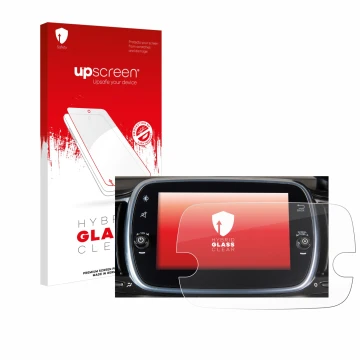 Parte frontal de un envase de producto con el logotipo de la marca upscreen. Al lado se muestra el dispositivo Fiat 595 Abarth