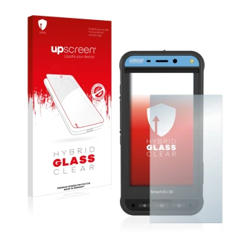 Parte frontal de un envase de producto con el logotipo de la marca upscreen. Al lado se muestra el dispositivo Ecom Smart-Ex 0