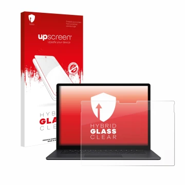 Parte frontal de un envase de producto con el logotipo de la marca upscreen. Al lado se muestra el dispositivo Microsoft Surfa