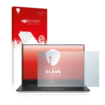 Parte frontal de un envase de producto con el logotipo de la marca upscreen. Al lado se muestra el dispositivo Dell Precision 